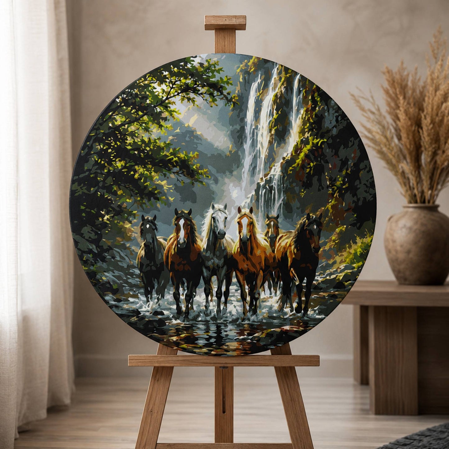 Kulaté malování podle čísel Ø45 cm Zvířata/Krajinka. Divocí koně u vodopádu OR 2018