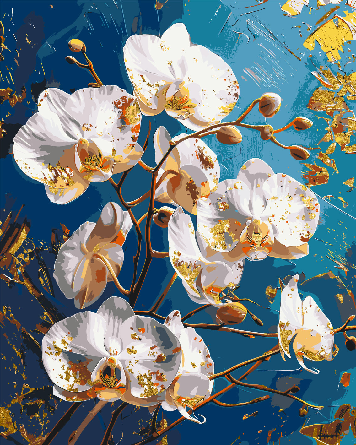 Malování podle čísel na rámu 40*50 cm Květiny. Květ orchideje na modrém pozadí. S metalickými barvami LW 30431