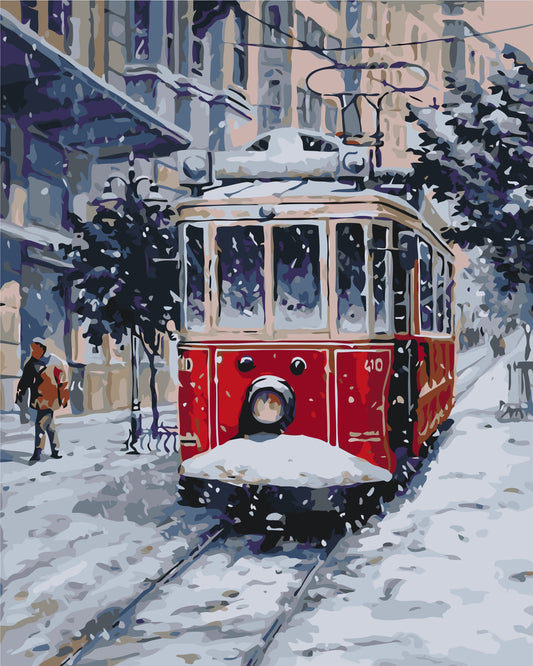 Malování podle čísel na rámu 40×50 cm - Starý červený tramvaj - Krajinka - LW 3088