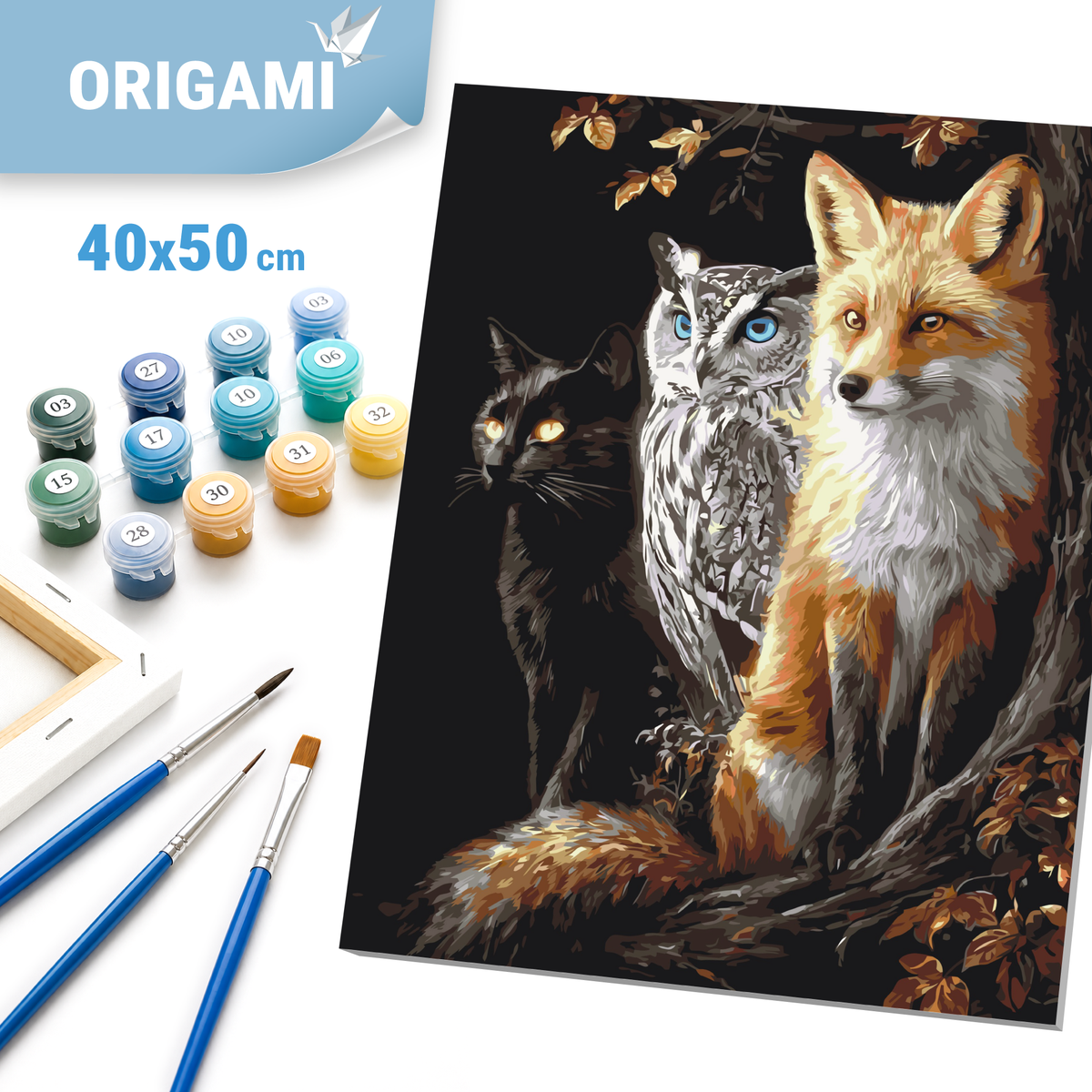 Malování podle čísel na rámu 40*50 cm - Liška, sova a kočka v nočním lese - Zvířata - LW 3141-01