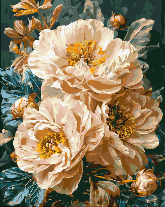 Maľovanie podľa čísel na ráme 40*50 cm Kvetiny - Béžové pivonky s metalickými barvami LW 3159-01
