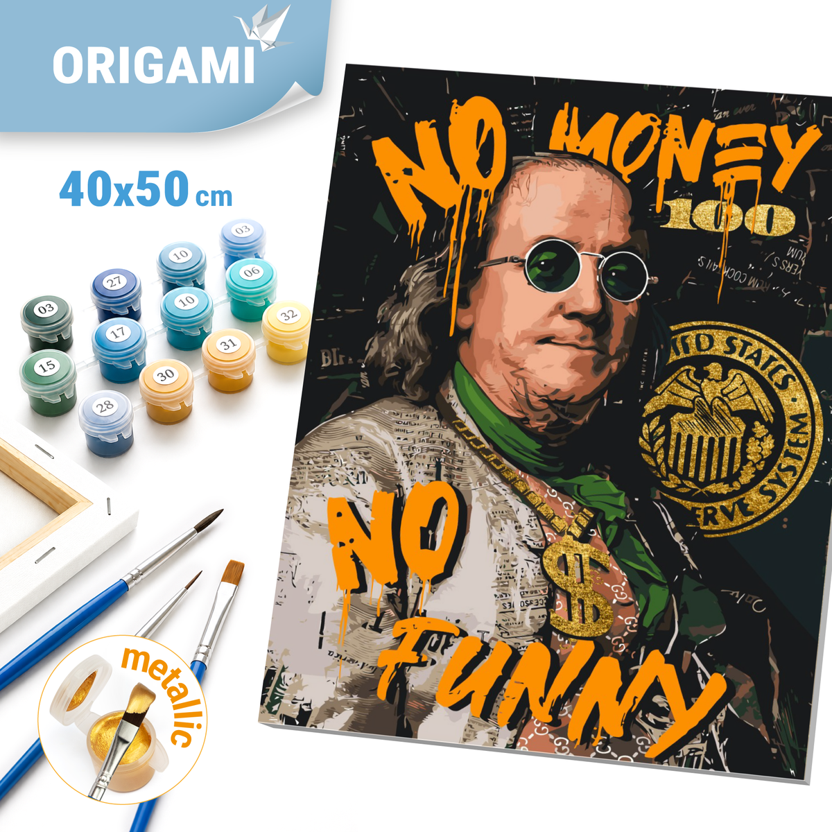Malování podle čísel na rámu 40×50 cm - Franklin. No money no funny - Lidé s metalickými barvami - LW 3284