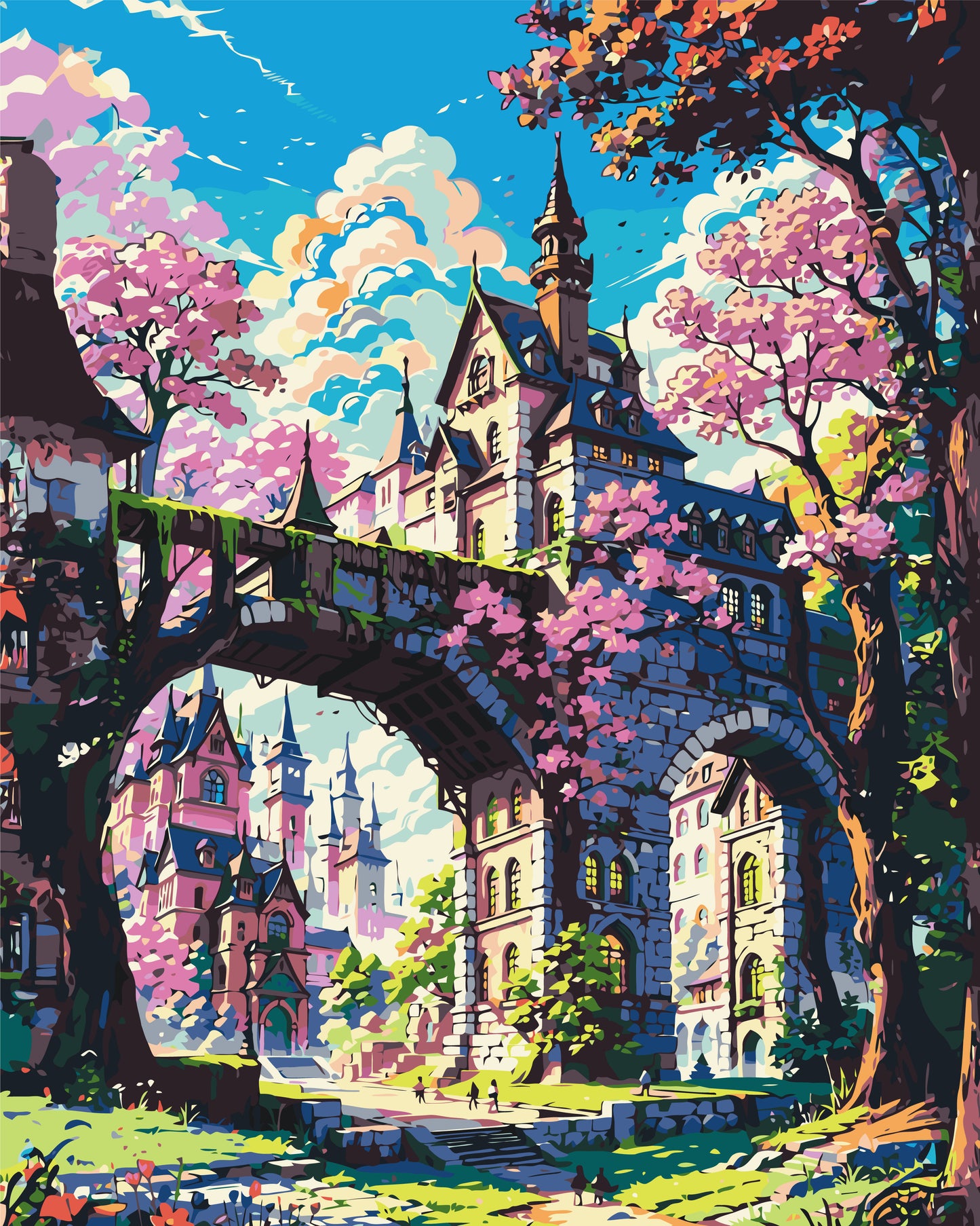 Malování podle čísel na rámu 40×50 cm - Pohádkový zámek v sakurách - Krajinka - LW 3331
