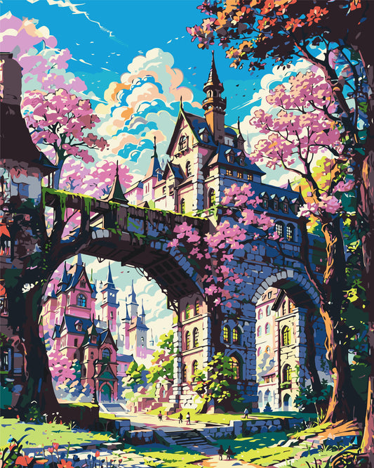 Malování podle čísel na rámu 40×50 cm - Pohádkový zámek v sakurách - Krajinka - LW 3331