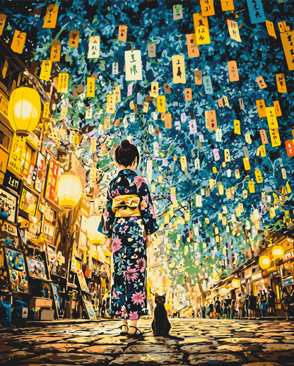 Malování podle čísel na rámu 40*50 cm – Japonská noc. Dívka s kočkou LW 3515