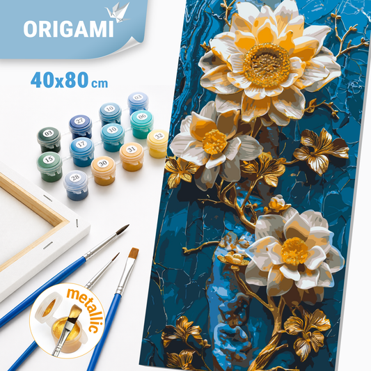 Malování podle čísel na rámu 40×80 cm - Květiny na modrém pozadí - Květiny s metalickými barvami - LW 5102