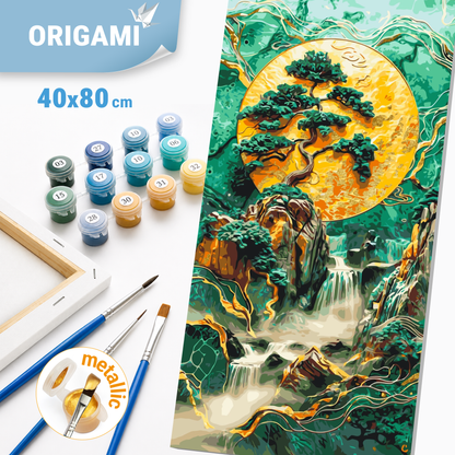 Malování podle čísel na rámu 40×80 cm - Abstrakce: horský vodopád - Krajinka s metalickými barvami - LW 5105