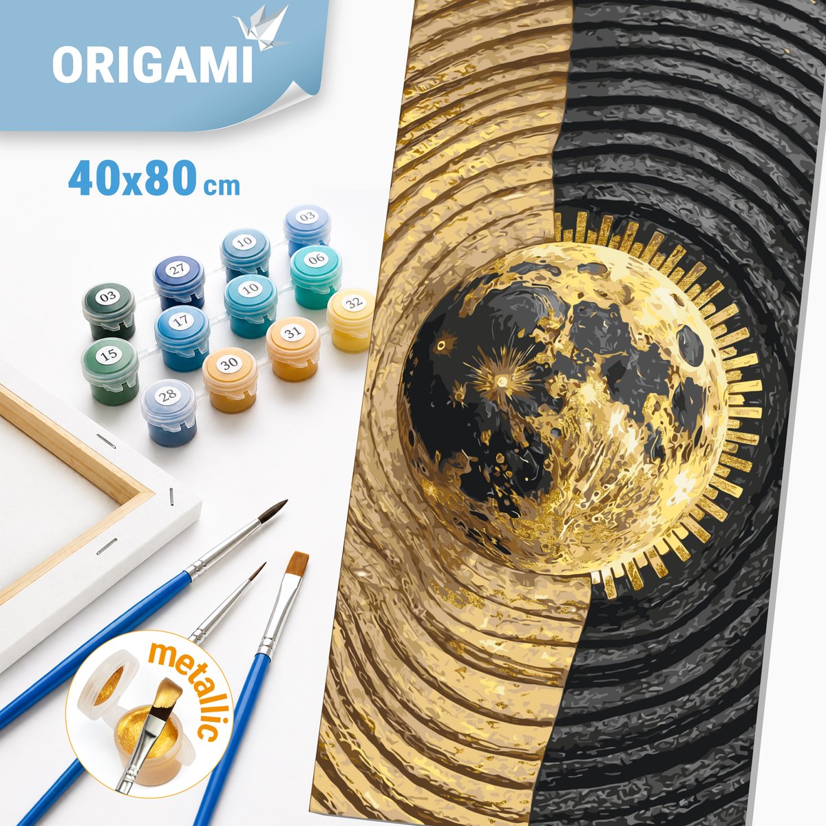 Malování podle čísel na rámu 40×80 cm - Abstrakce: slunce - Krajinka s metalickými barvami - LW 5112
