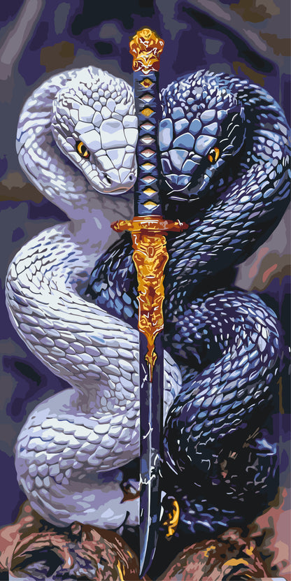 Malování podle čísel na rámu 40×80 cm - Strážci meče (hadi) - Zvířata s metalickými barvami - LW 5136