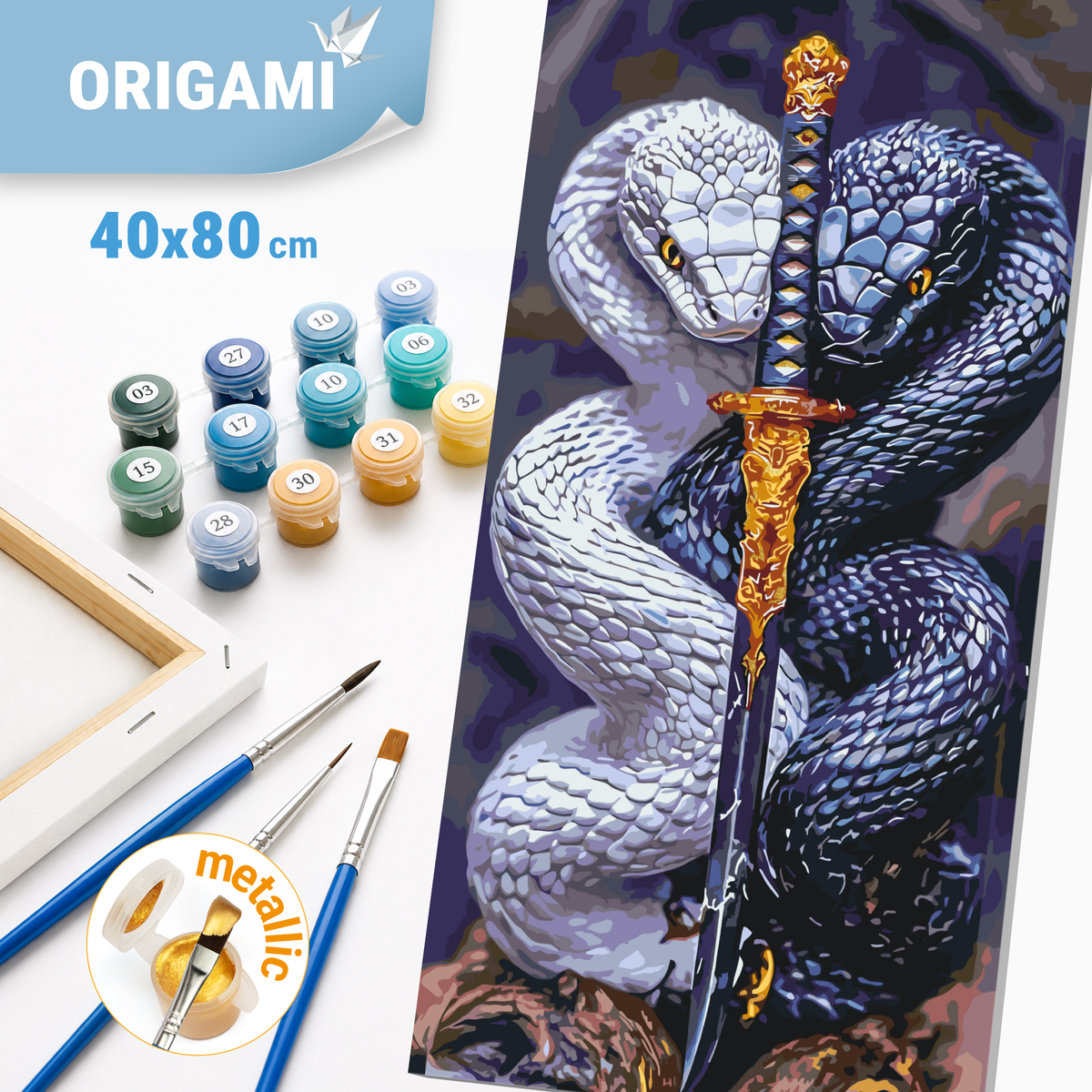 Malování podle čísel na rámu 40×80 cm - Strážci meče (hadi) - Zvířata s metalickými barvami - LW 5136