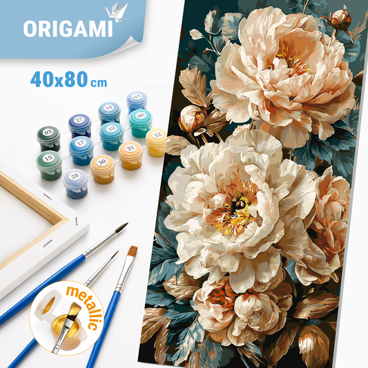 Malování podle čísel na rámu 40*80 cm - Perlové pivoňky - Květiny s metalickými barvami - LW 5193