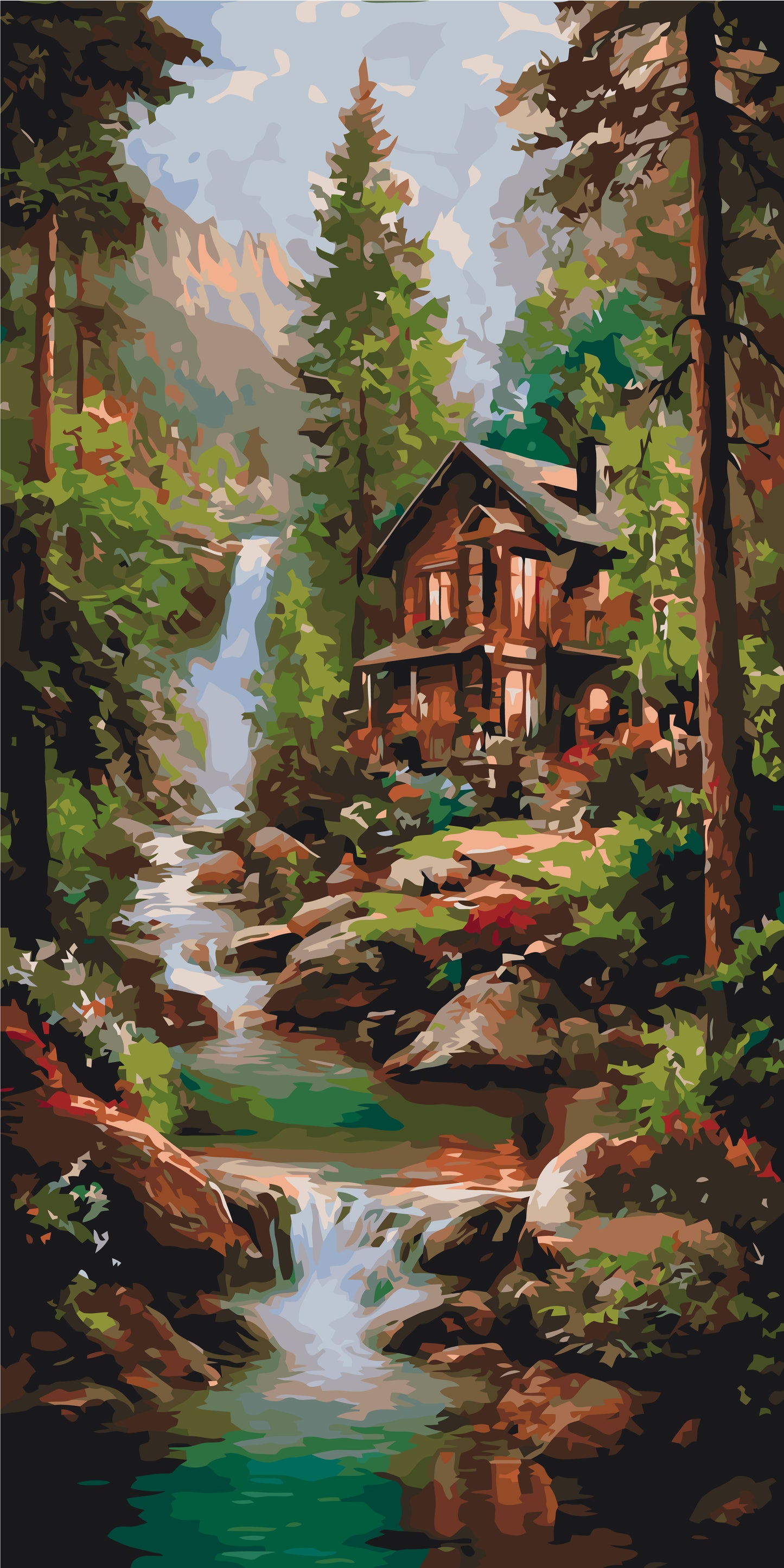 Malování podle čísel na rámu 40×80 cm - Domek u vodopádu - Krajinka - LW 5213