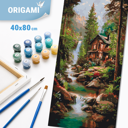 Malování podle čísel na rámu 40×80 cm - Domek u vodopádu - Krajinka - LW 5213