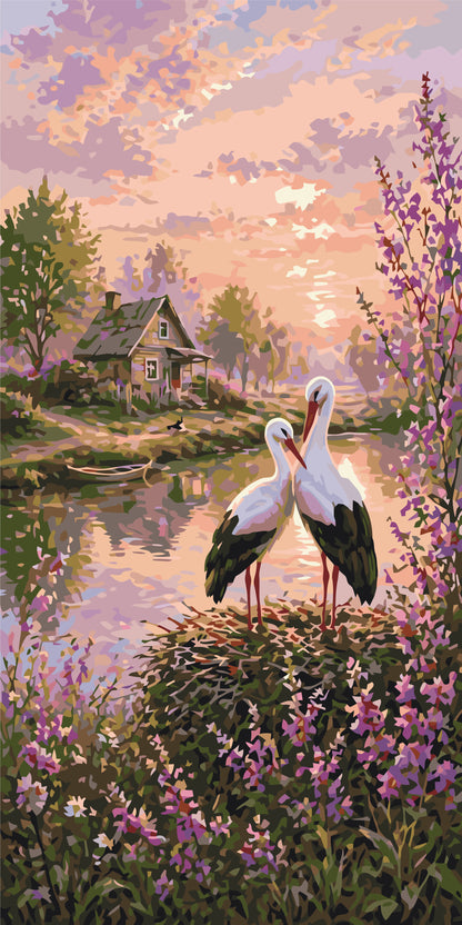 Malování podle čísel na rámu 40×80 cm - Čápi pro štěstí - Zvířata/Krajinka - LW 5215