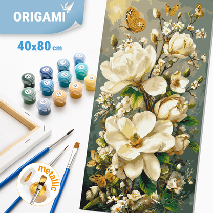 Malování podle čísel na rámu 40*80 cm - Magnólie a motýli - Květiny s metalickými barvami - LW 5218