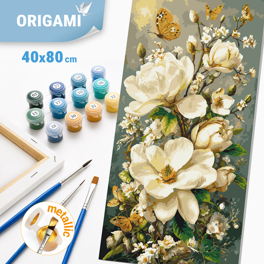 Malování podle čísel na rámu 40*80 cm - Magnólie a motýli - Květiny s metalickými barvami - LW 5218