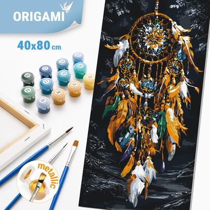 Malování podle čísel na rámu 40×80 cm - Lapač snů - Krajinka s metalickými barvami - LW 5220