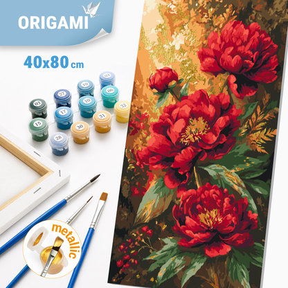 Malování podle čísel na rámu 40×80 cm - Jasné pivoňky - Květiny s metalickými barvami - LW 5224
