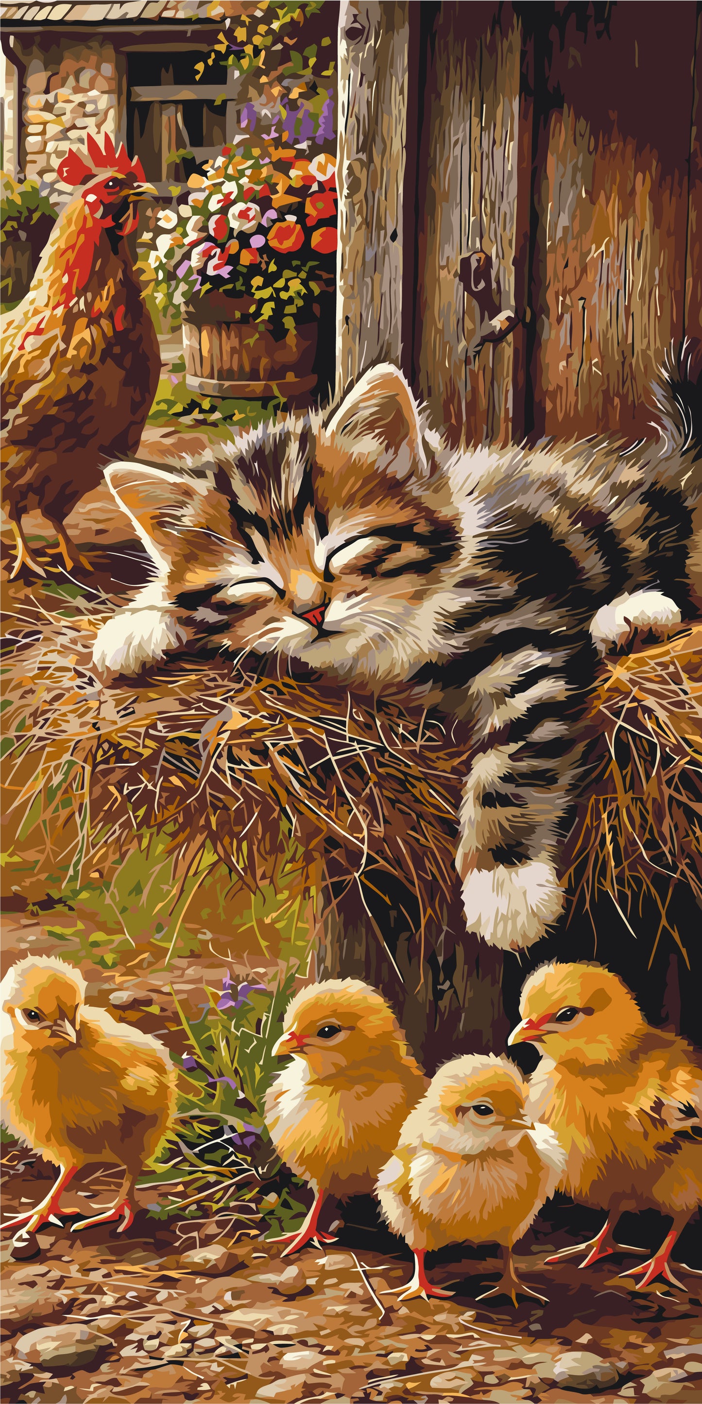 Malování podle čísel na rámu 40×80 cm - Sladký sen: koťátko, kohout a kuřátka - Zvířata - LW 5230