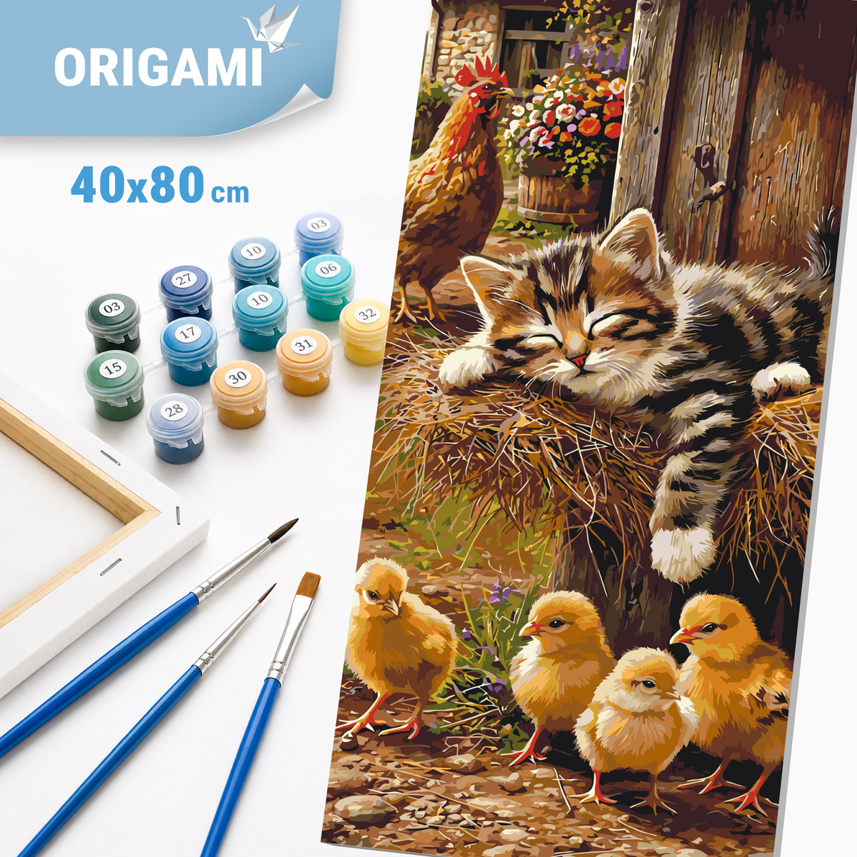 Malování podle čísel na rámu 40×80 cm - Sladký sen: koťátko, kohout a kuřátka - Zvířata - LW 5230