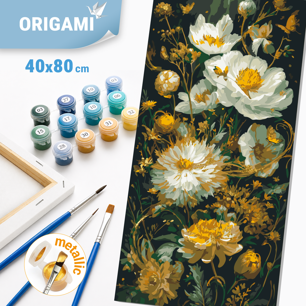 Malování podle čísel na rámu 40×80 cm - Pivoňky - Květiny s metalickými barvami - LW 5232