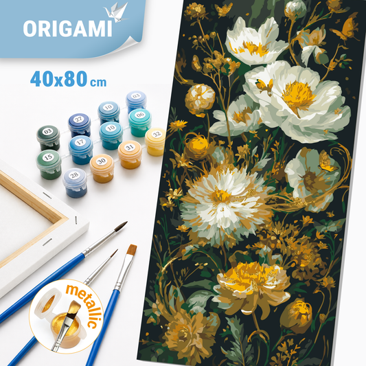 Malování podle čísel na rámu 40×80 cm - Pivoňky - Květiny s metalickými barvami - LW 5232