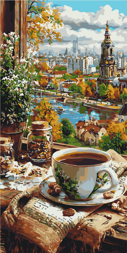 Malování podle čísel na rámu 40×80 cm - Káva s výhledem na staré město - Krajinka/Zátiší - LW 5239