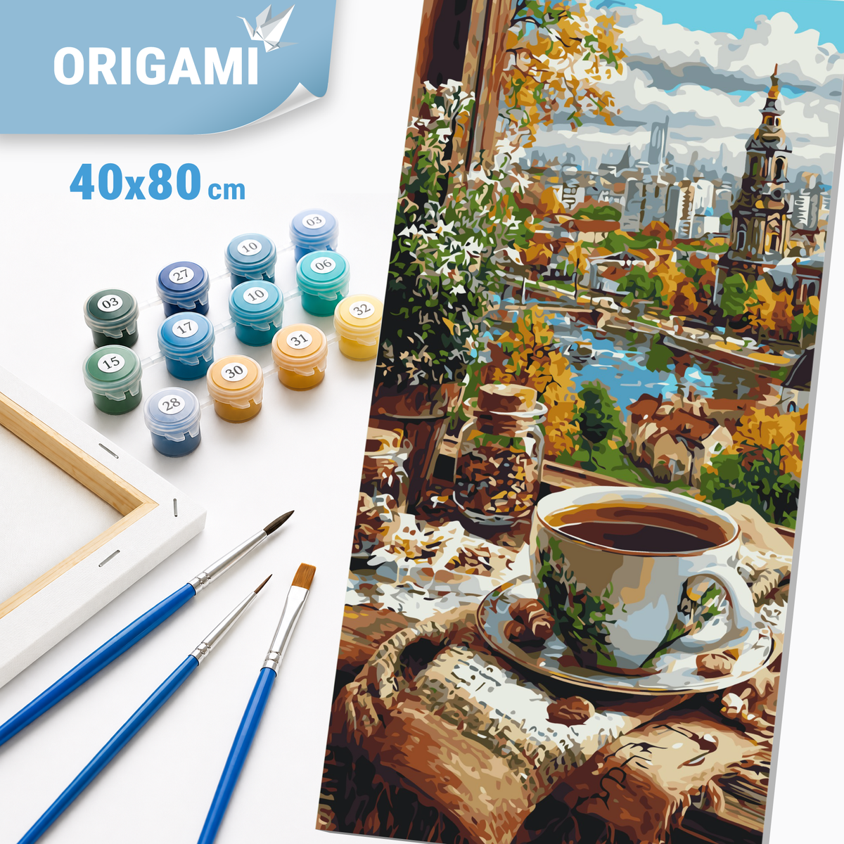 Malování podle čísel na rámu 40×80 cm - Káva s výhledem na staré město - Krajinka/Zátiší - LW 5239