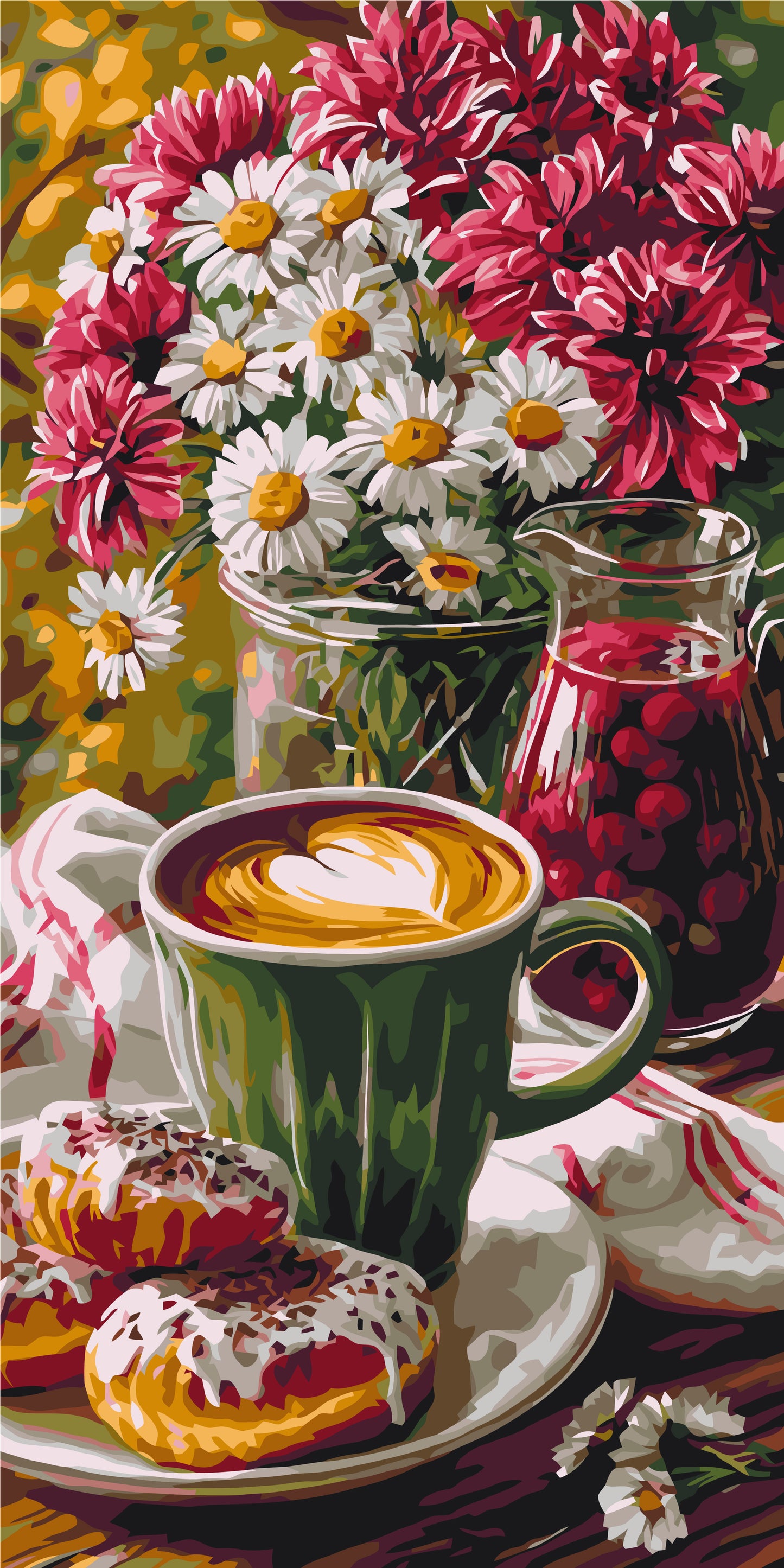 Malování podle čísel na rámu 40×80 cm - Ranní káva s donutem a květinami - Zátiší/Květiny - LW 5243