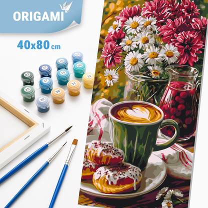 Malování podle čísel na rámu 40×80 cm - Ranní káva s donutem a květinami - Zátiší/Květiny - LW 5243