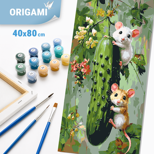 Malování podle čísel na rámu 40×80 cm - Pár myšek s okurkou - Zvířata - LW 5244