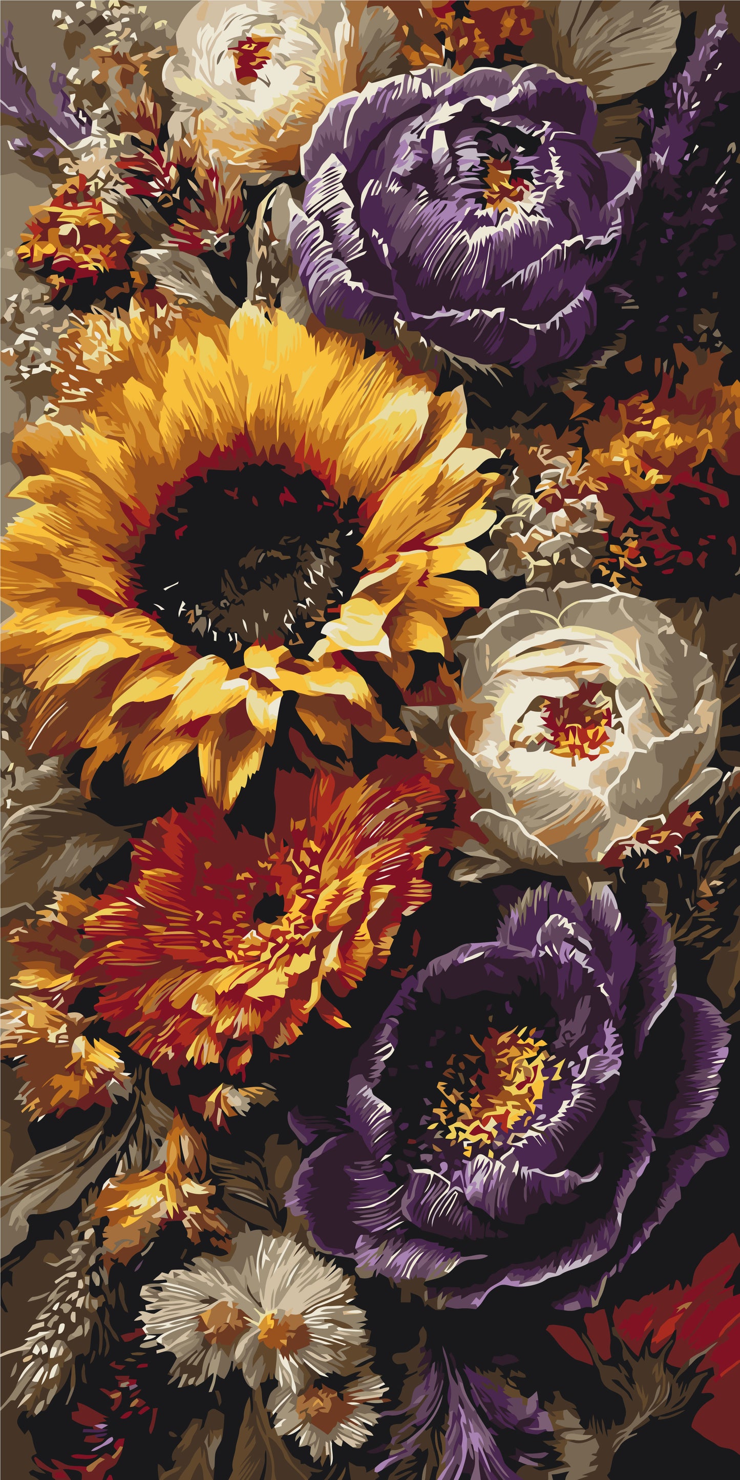 Malování podle čísel na rámu 40×80 cm - Slunečnice a pivoňky - Květiny - LW 5254