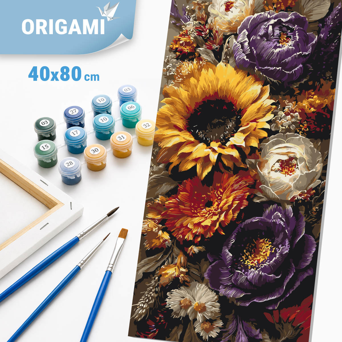 Malování podle čísel na rámu 40×80 cm - Slunečnice a pivoňky - Květiny - LW 5254