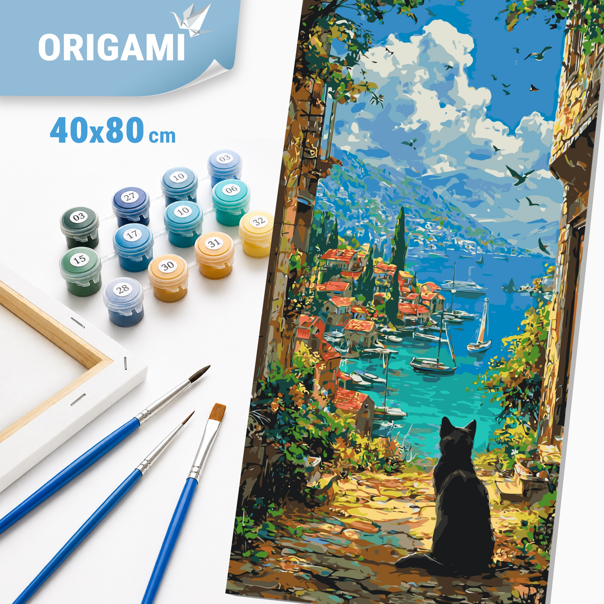 Malování podle čísel na rámu 40×80 cm - Černá kočka nad mořským zálivem - Krajinka/Zvířata - LW 5257