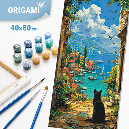 Malování podle čísel na rámu 40×80 cm - Černá kočka nad mořským zálivem - Krajinka/Zvířata - LW 5257