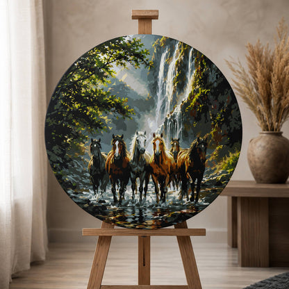 Kulaté malování podle čísel Ø45 cm Zvířata/Krajinka. Divocí koně u vodopádu OR 2018