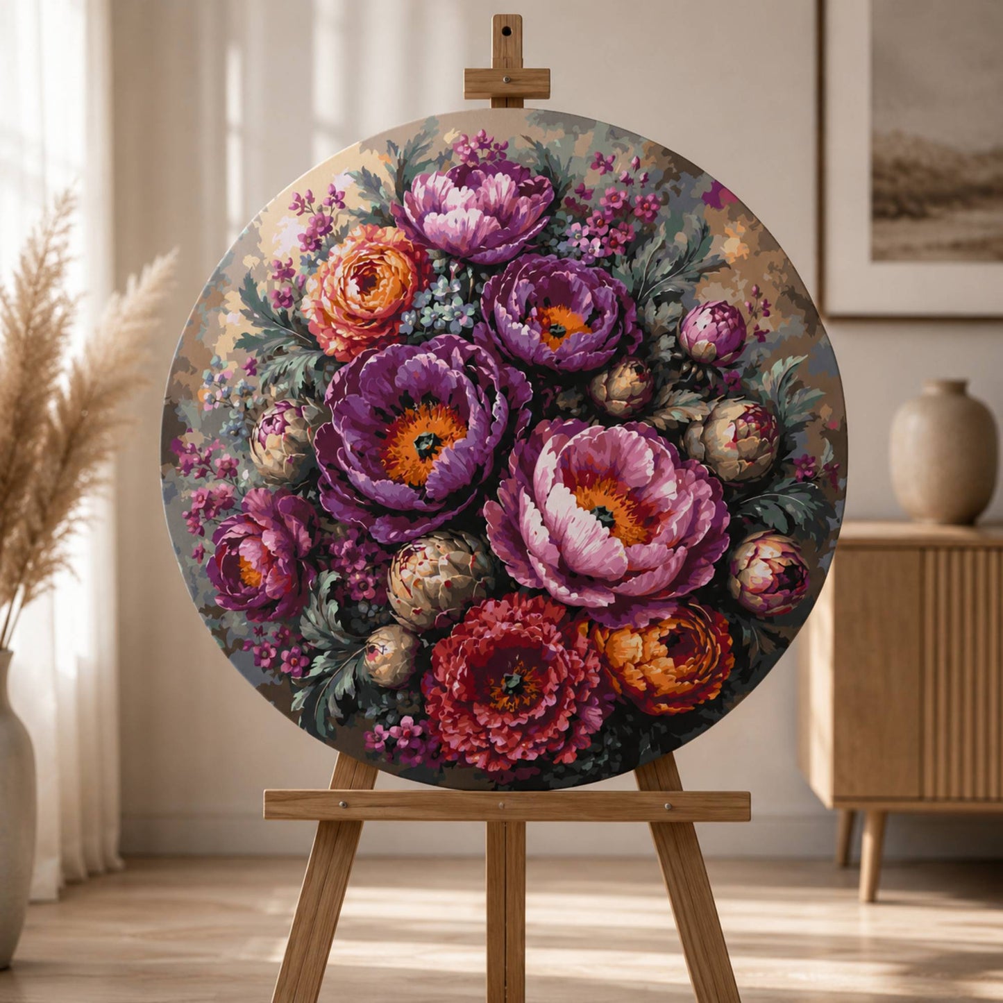 Kulaté malování podle čísel Ø45 cm Květiny. Kytice pivoněk OR 2019