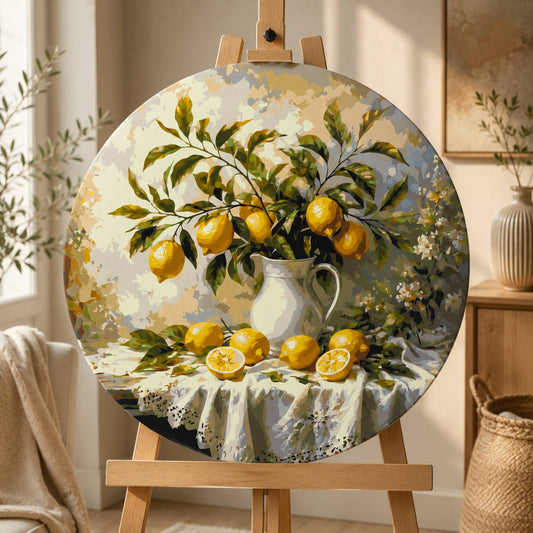 Kulaté malování podle čísel Ø45 cm Zátiší. Citrony v bílém džbánu OR 2024
