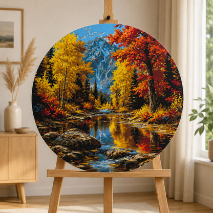 Kulaté malování podle čísel Ø45 cm Krajinka. Podzimní řeka v horách OR 2029