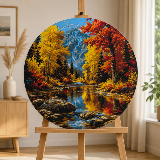 Kulaté malování podle čísel Ø45 cm Krajinka. Podzimní řeka v horách OR 2029