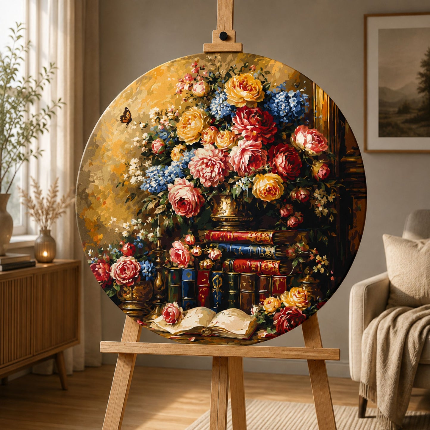 Kulaté malování podle čísel Ø45 cm Květiny/Zátiší. Knihovna s růžemi OR 2031
