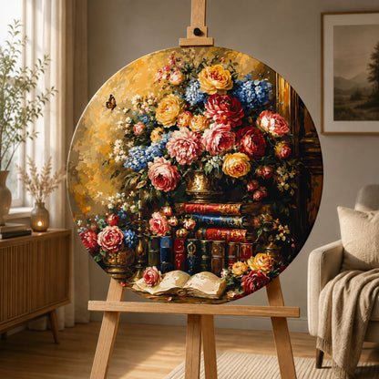 Kulaté malování podle čísel Ø45 cm Květiny/Zátiší. Knihovna s růžemi OR 2031
