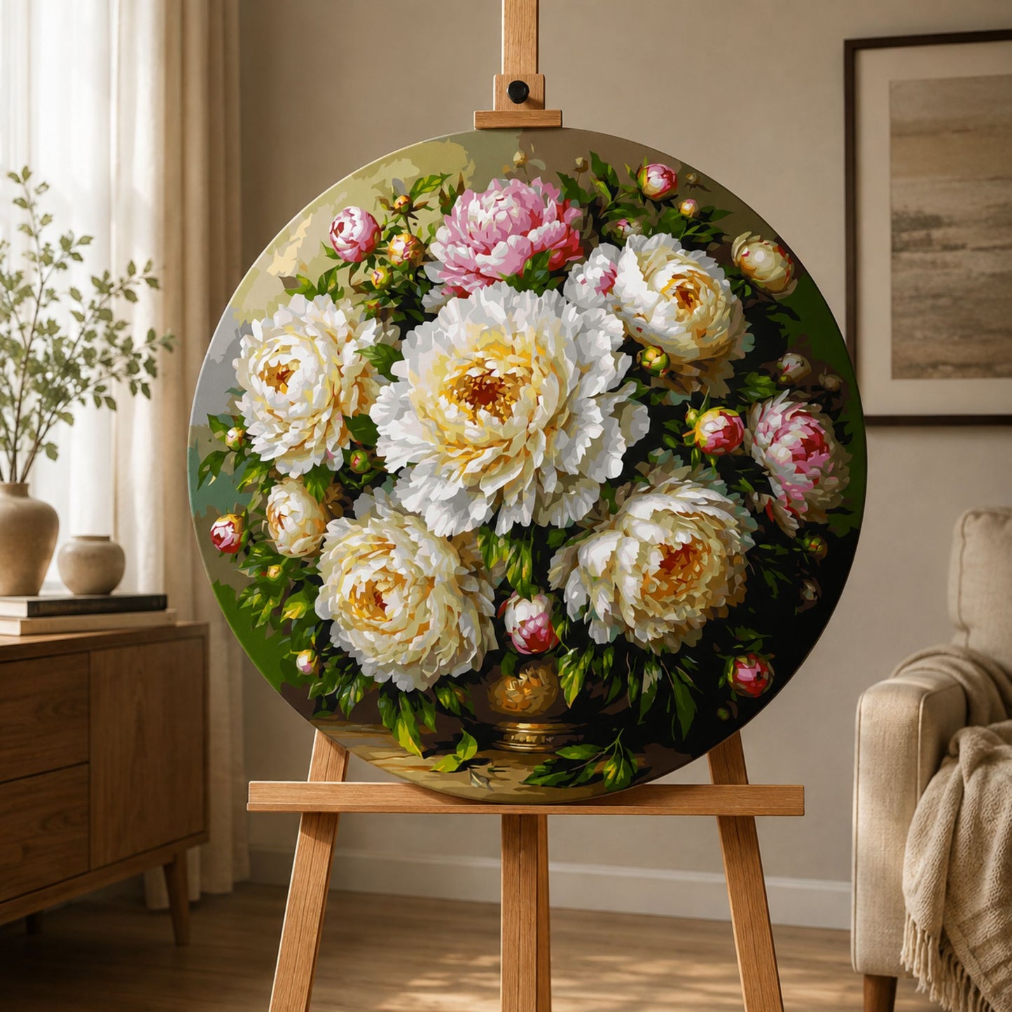 Kulaté malování podle čísel Ø45 cm Květiny/Zátiší. Kytice pivoněk ve váze OR 2032