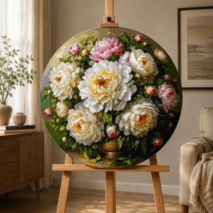 Kulaté malování podle čísel Ø45 cm Květiny/Zátiší. Kytice pivoněk ve váze OR 2032