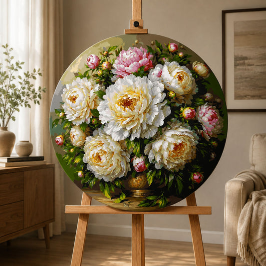 Kulaté malování podle čísel Ø45 cm Květiny/Zátiší. Kytice pivoněk ve váze OR 2032