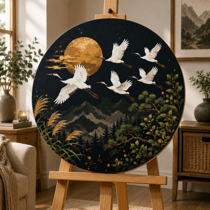 Kulaté malování podle čísel Ø45 cm Zvířata/Krajinka. Jeřábi pod Měsícem s metalickými barvami OR 2033