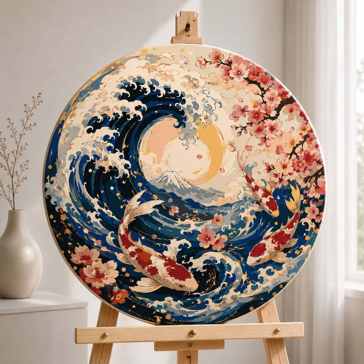 Kulaté malování podle čísel Ø45 cm Krajinka/Zvířata. Kapři koi a Velká vlna u Kanagawy OR 2038