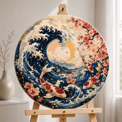 Kulaté malování podle čísel Ø45 cm Krajinka/Zvířata. Kapři koi a Velká vlna u Kanagawy OR 2038