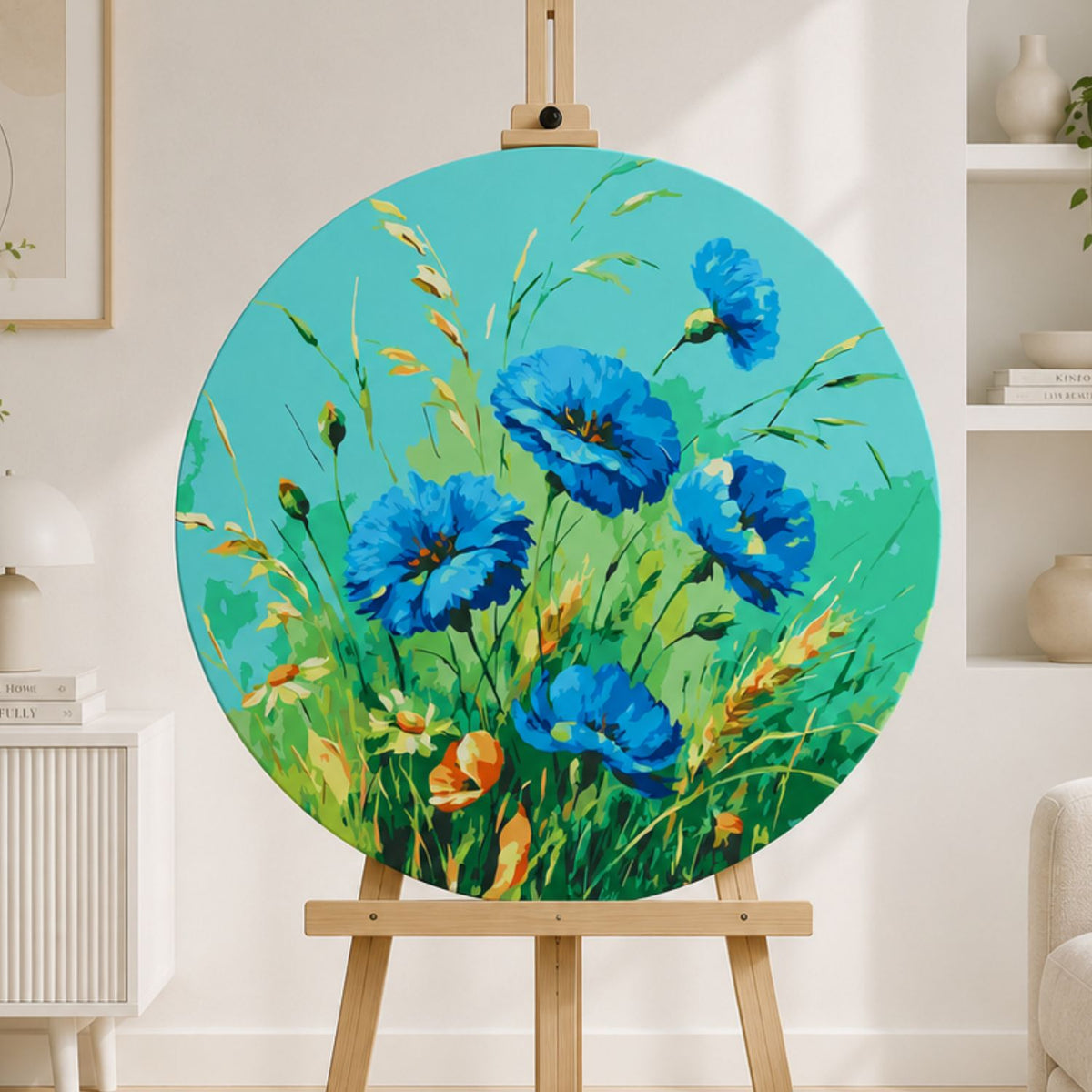 Kulaté malování podle čísel Ø40 cm Květiny. Modré máky OR 2046