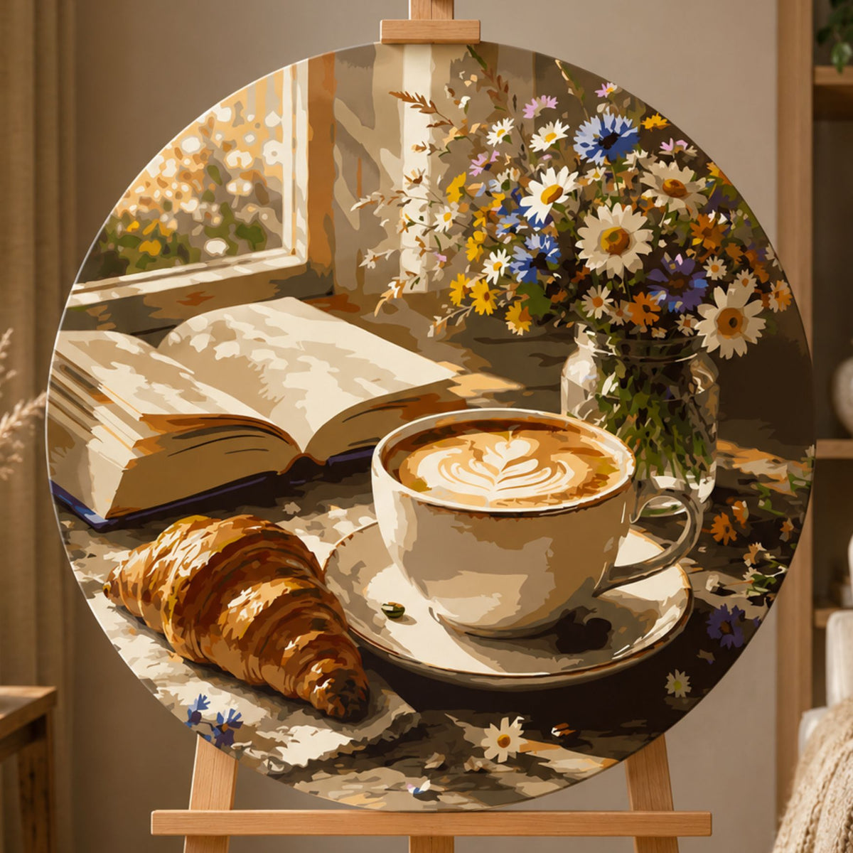 Okrúhle maľovanie podľa čísel Ø40 cm – Zátišie. Káva a croissant – OR 2064